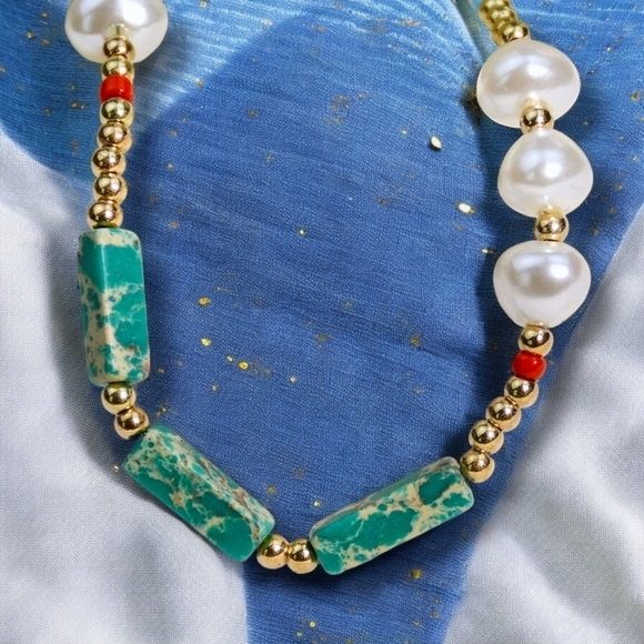 π Boho Pearl & Turquoise Gemstone Beaded Necklace | Handmade Bohemian Chic - Picture 11 of 15